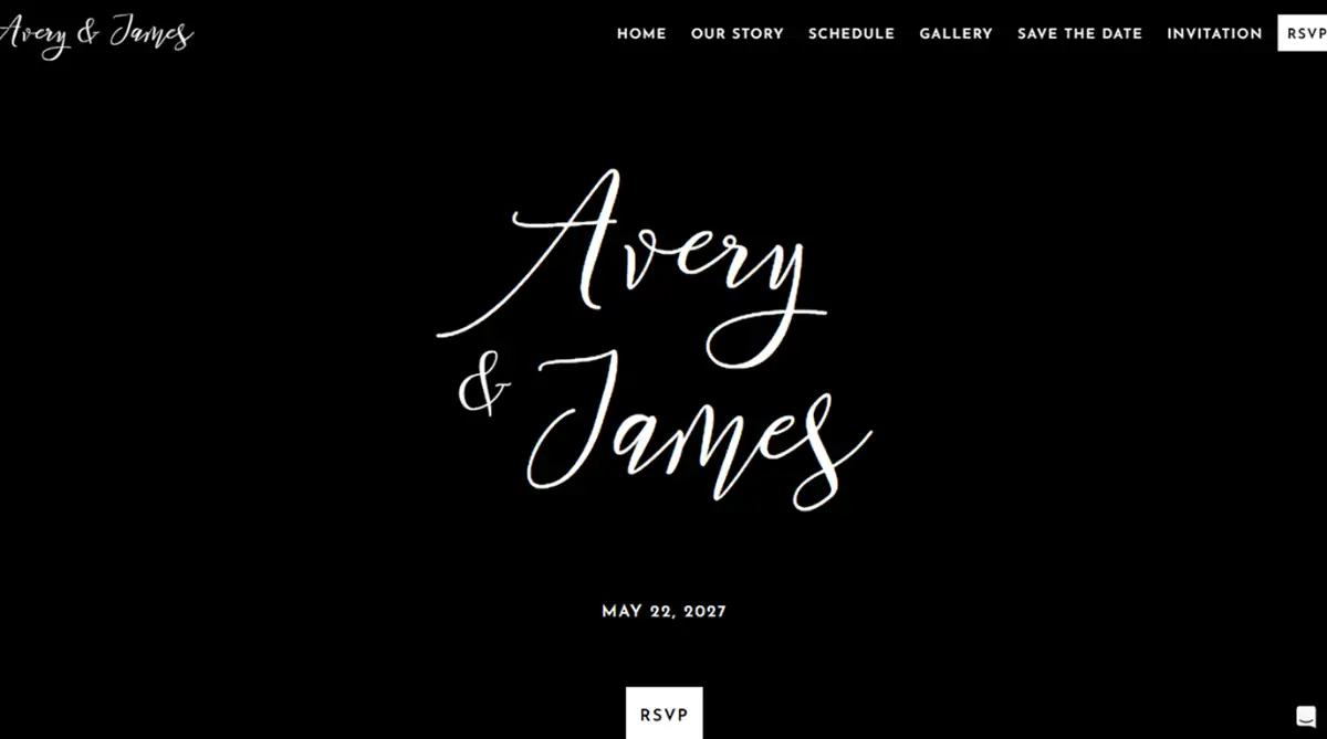 Wedsites moody black background wedding website template