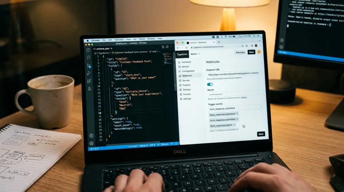 Typeform JSON schema and Webhooks API configuration showing the technical architecture.