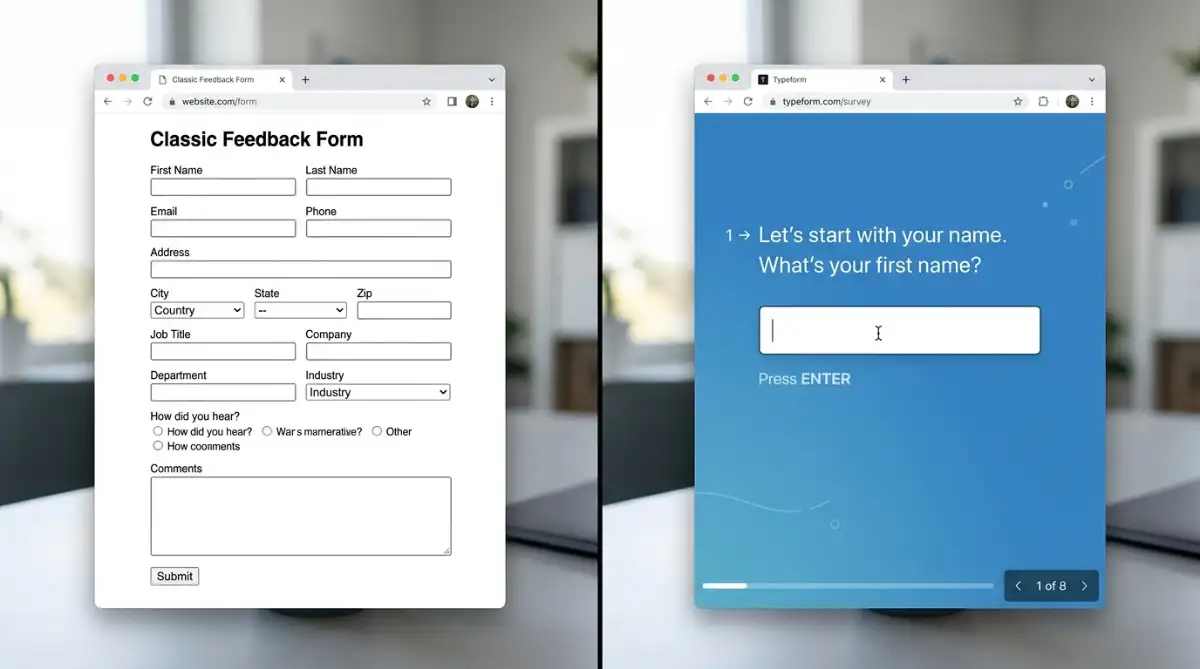 raditional multi-field HTML form versus Typeform one-question.