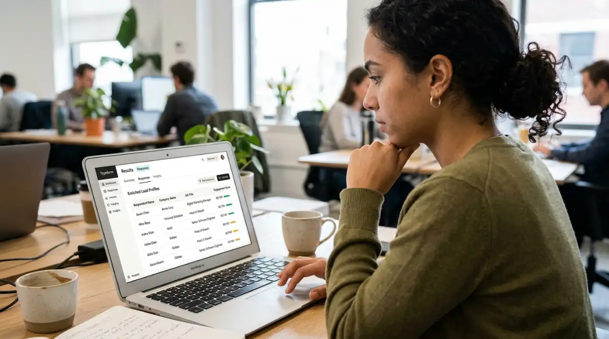 Typeform AI enrichment dashboard showing automatically populated lead profiles.