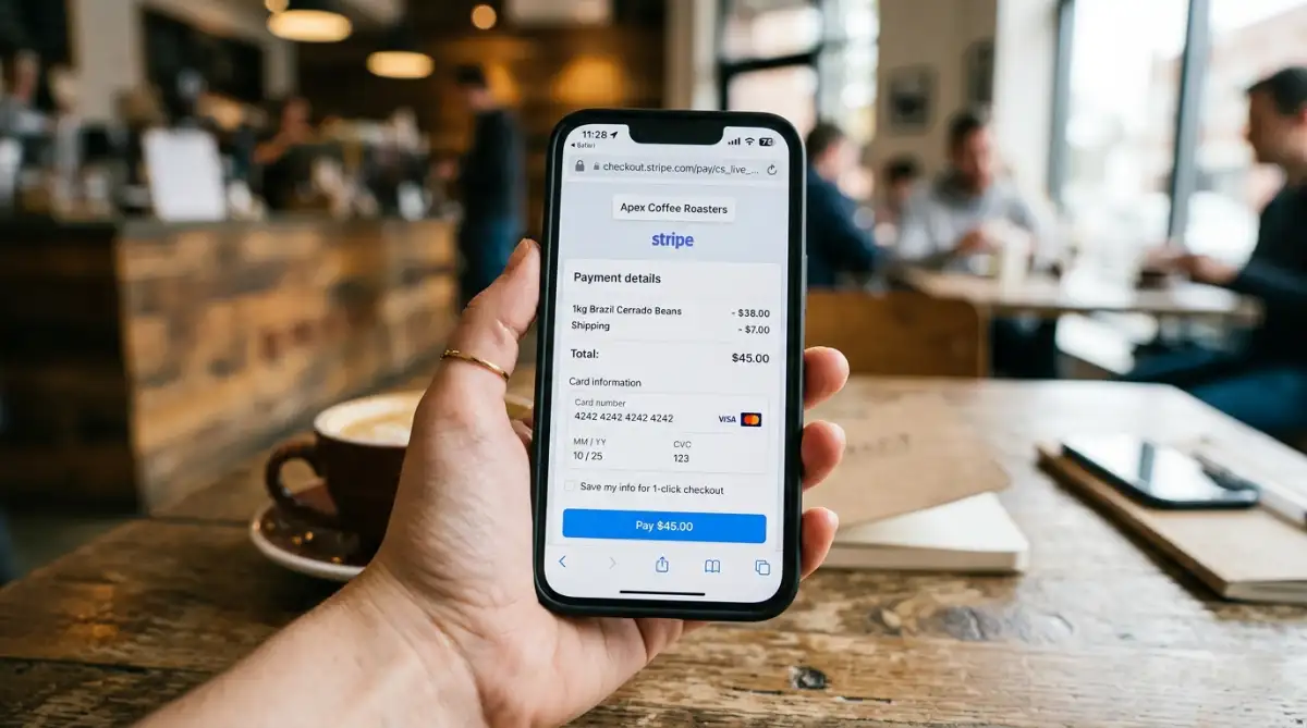 Stripe hosted checkout payment page on mobile showing card entry form.