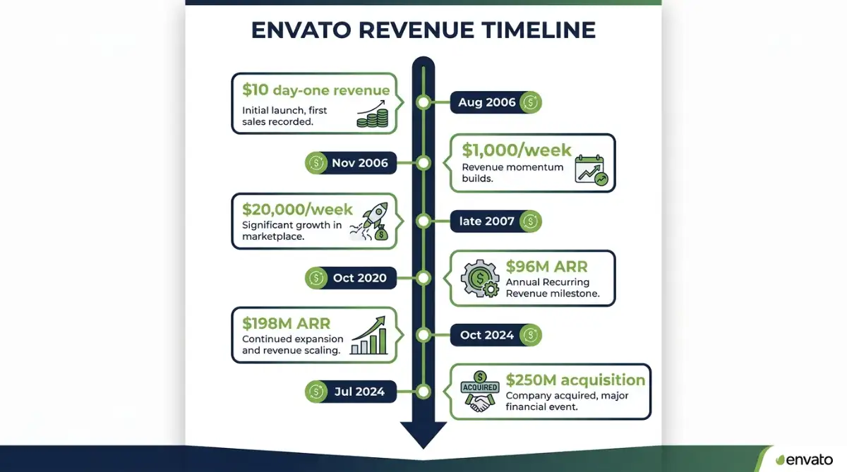 Envato revenue growth timeline from 2006 founding to 2024 Shutterstock acquisition