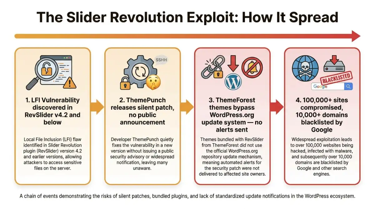 2014 Slider Revolution vulnerability spread through ThemeForest-bundled themes.