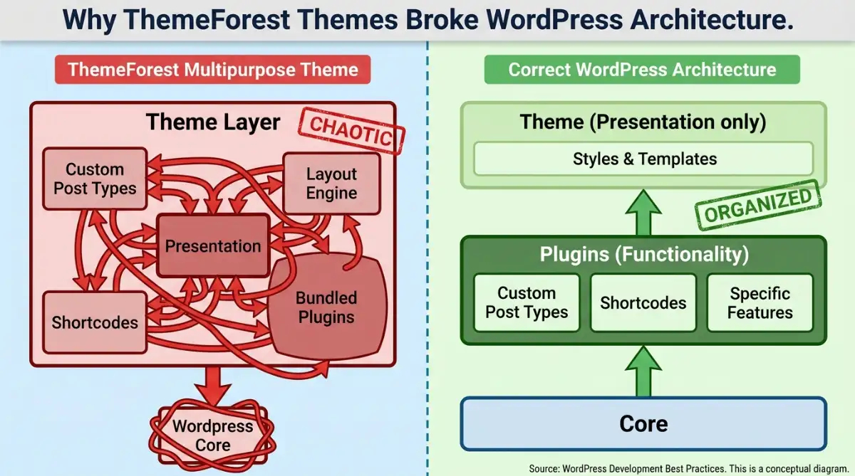 Bloated ThemeForest multipurpose theme structure versus correct WordPress separation of concerns.