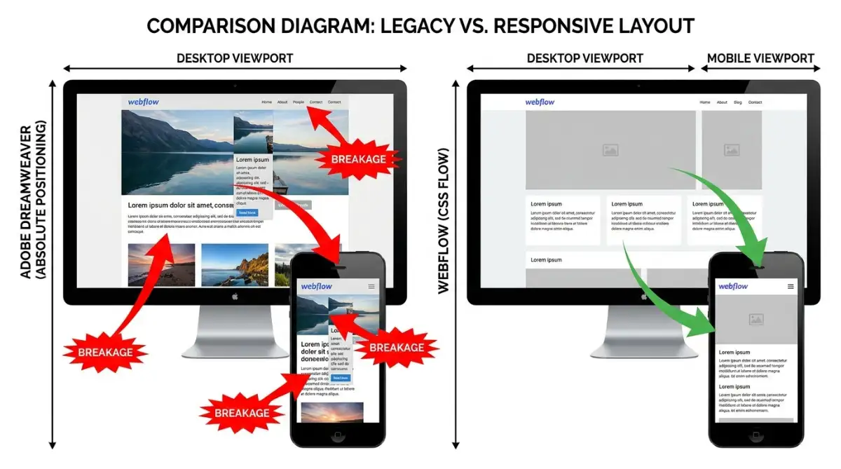 Dreamweaver absolute positioning versus Webflow CSS flow rendering comparison on mobile.