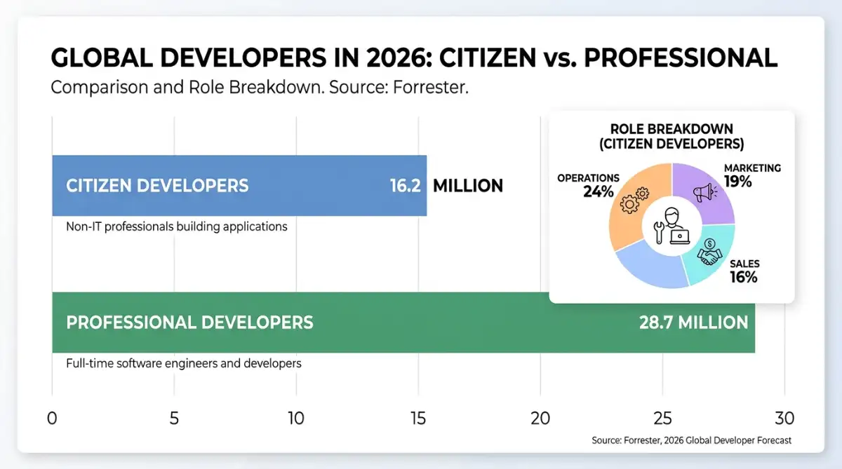 Bar chart comparing 16.2 million citizen developers to 28.7 million professional developers in 2026