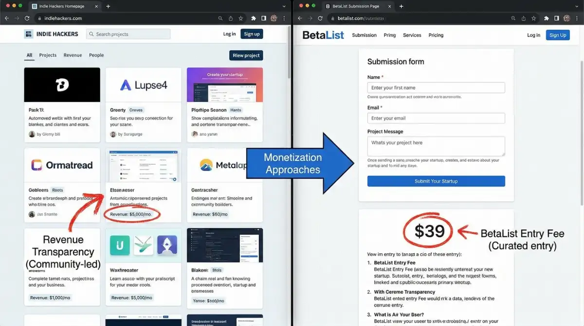 Indie Hackers and BetaList platform screenshots showing community features and submission pricing