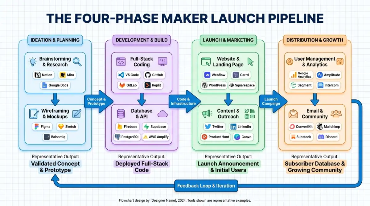 Flowchart showing the four-phase maker launch pipeline with named tools at each stage