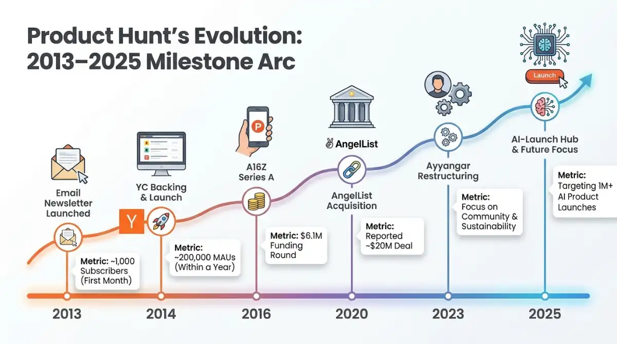 Product Hunt timeline from 2013 launch to 2025 with five key milestones