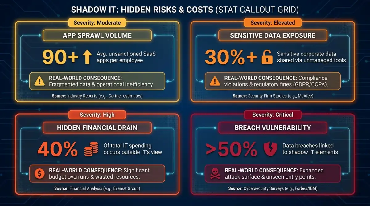 Grid of four shadow IT statistics covering enterprise security and cost impact