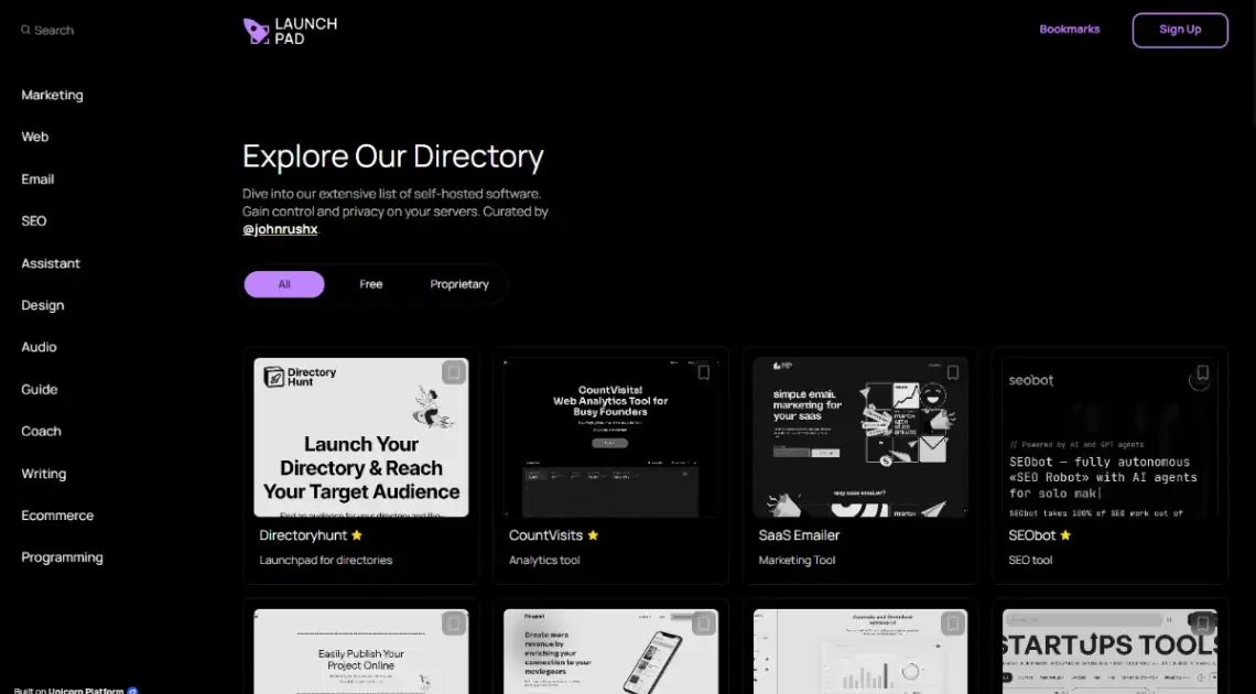 Unicorn Platform Dark Directory template screenshot with dark dashboard and sidebar