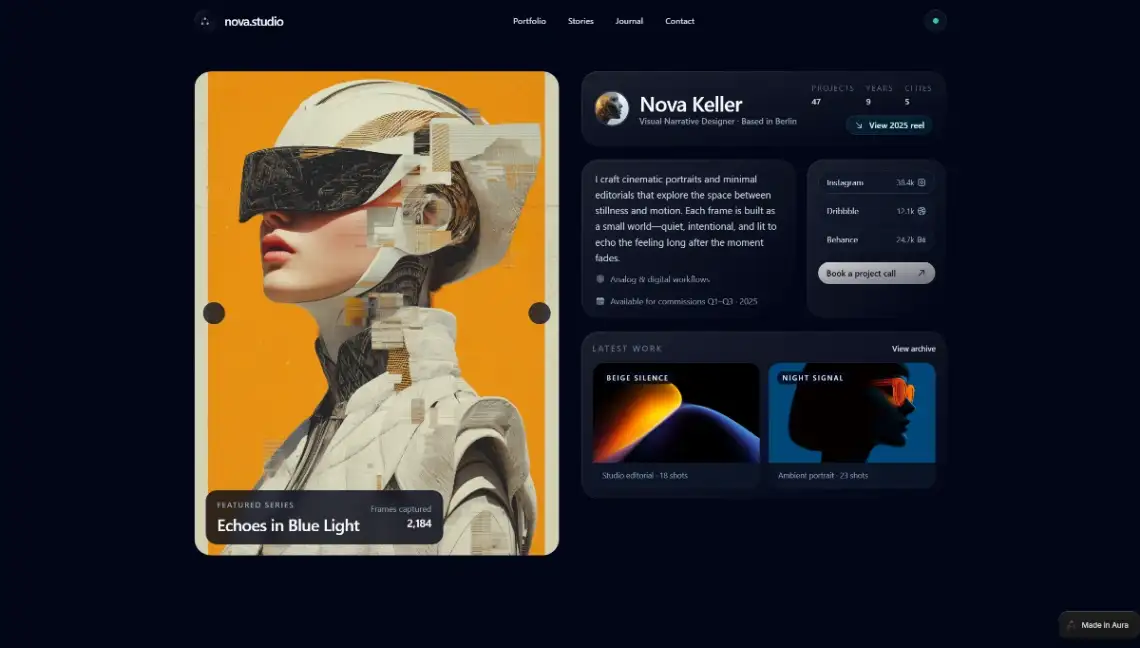 Aura Designer Portfolio template screenshot with editorial case study blocks