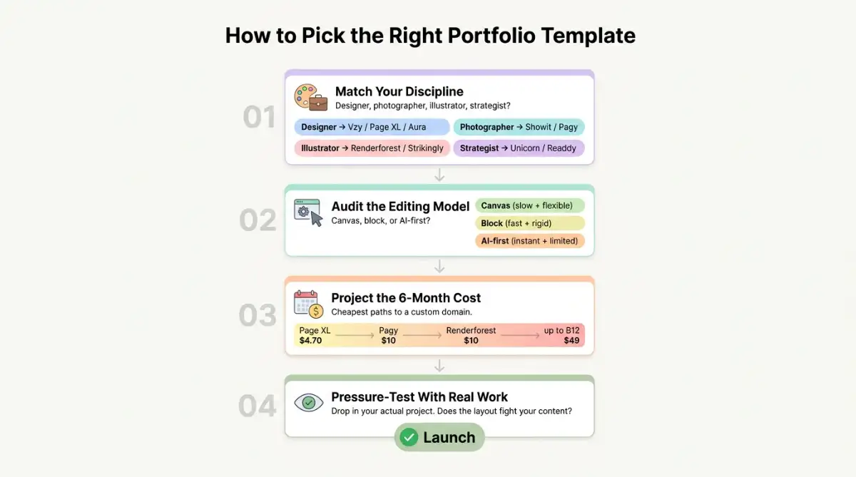 Four-step decision framework flowchart for choosing a free portfolio website template