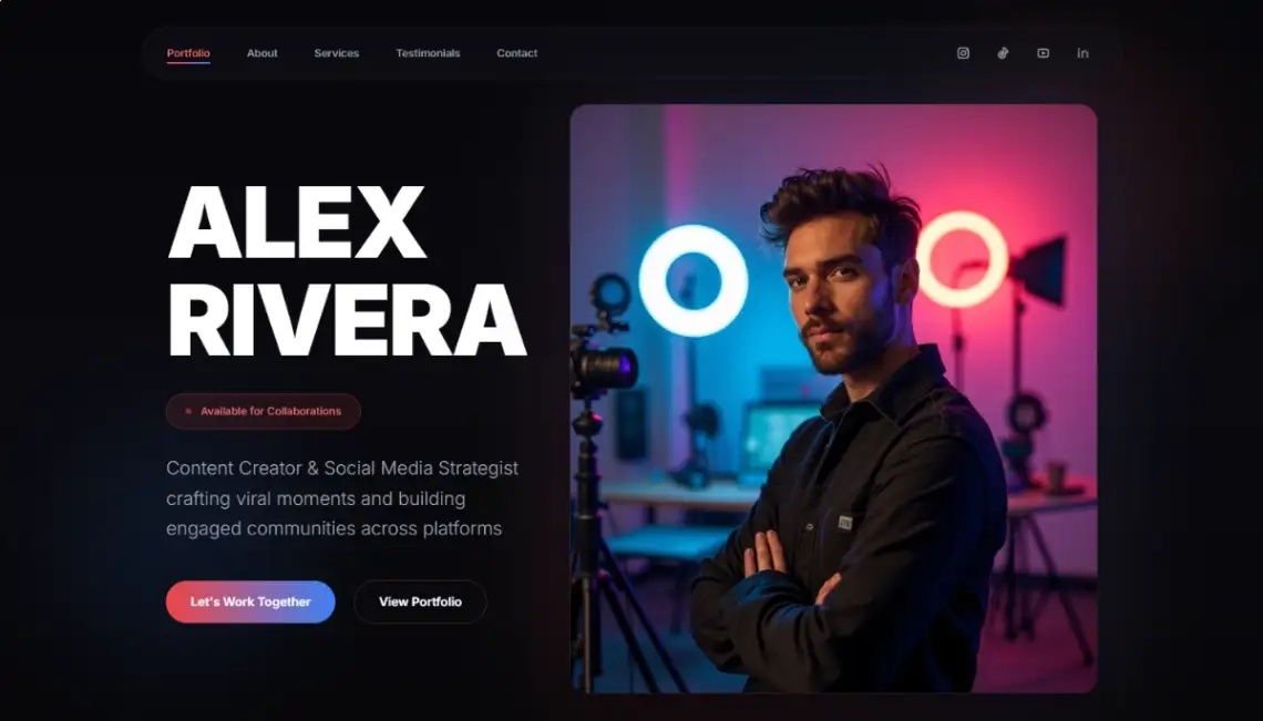 Readdy Social Media Strategist template screenshot with engagement analytics and case stories