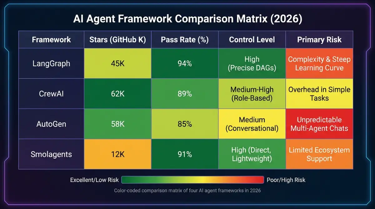 Color-coded comparison matrix of four AI agent frameworks in 2026