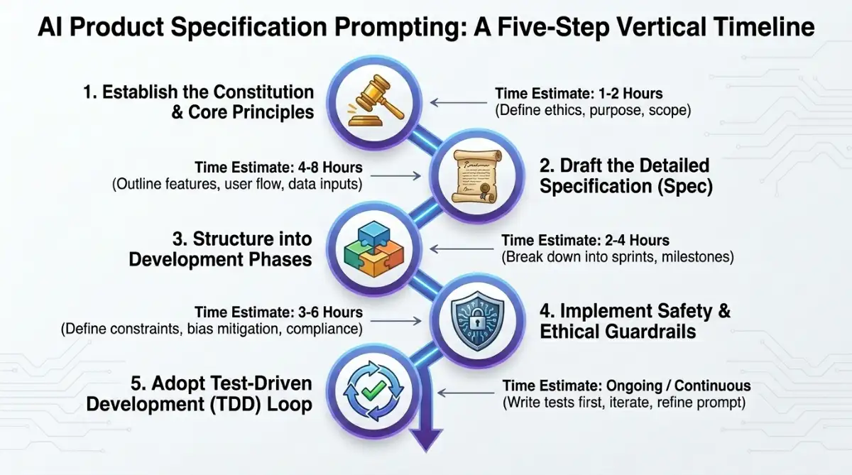 Five-step infographic for writing a product specification AI prompt