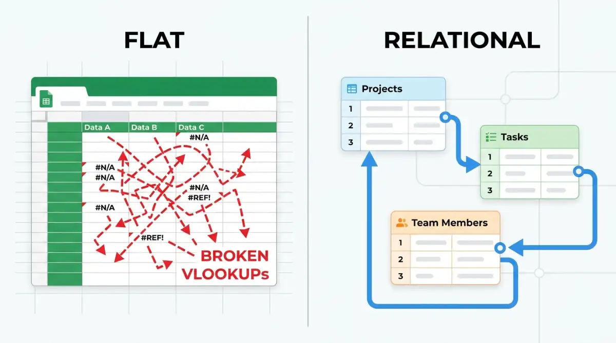 Diagram comparing flat spreadsheet structure with Airtable's relational table-linking model