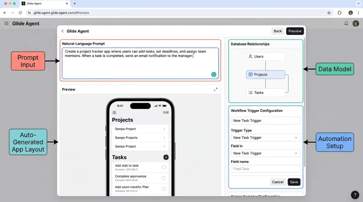 Glide app builder Glide Agent AI interface generating an app layout from a natural language