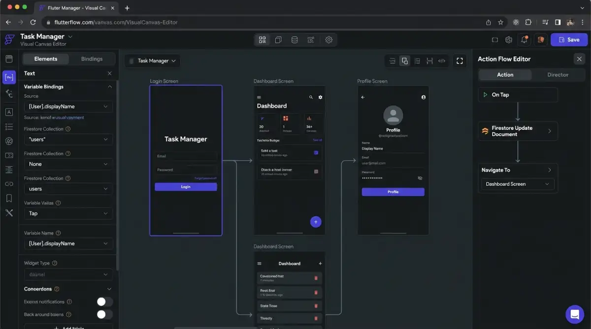FlutterFlow visual canvas editor with Action Flow Editor and Firestore integration bindings panel