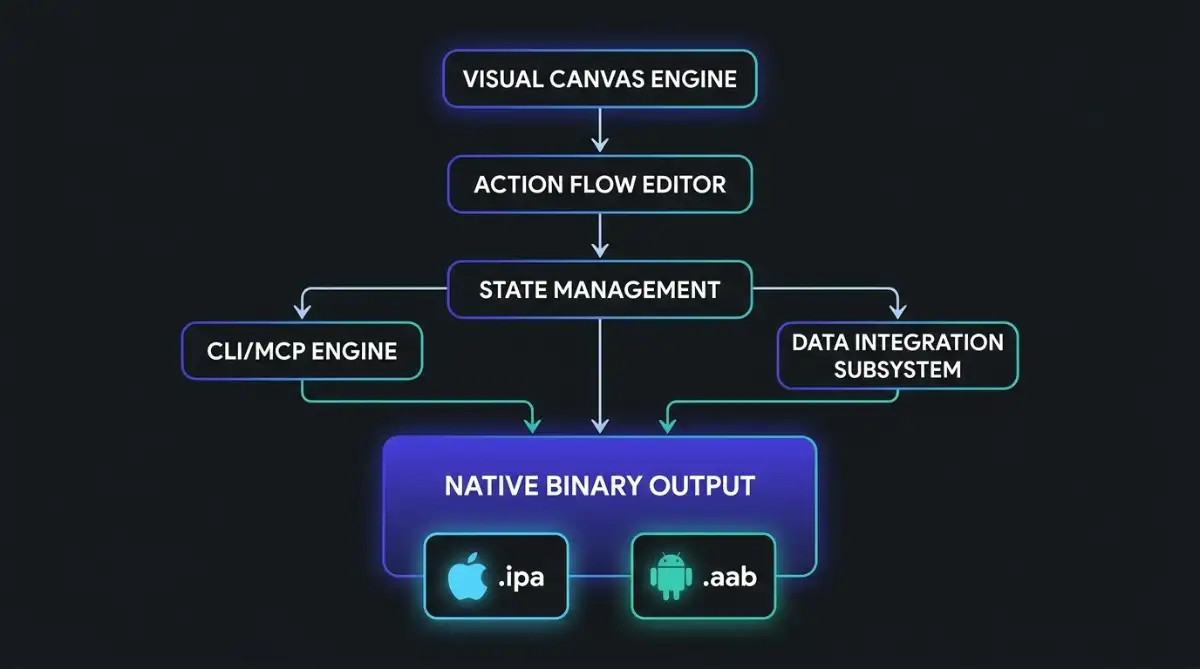 FlutterFlow five-layer visual compilation architecture producing native iOS .ipa and Android .aab