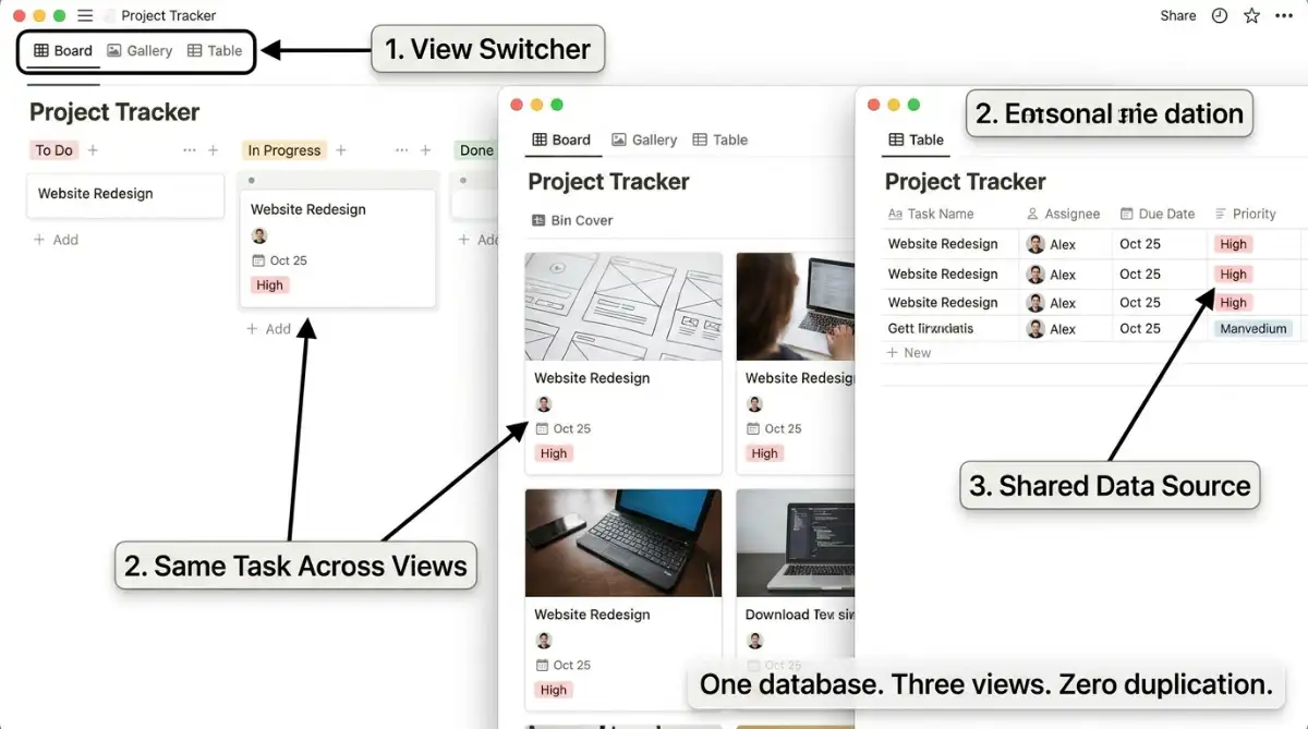 Notion workspace with kanban gallery and table database views shown side by side