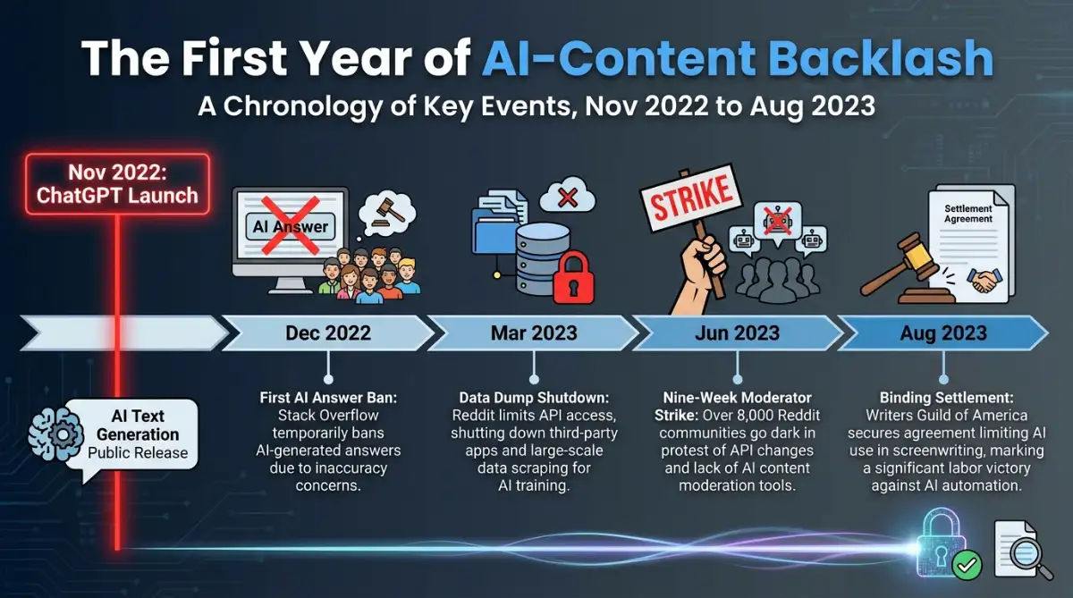 Timeline of the web's first organized backlash against ChatGPT-generated content