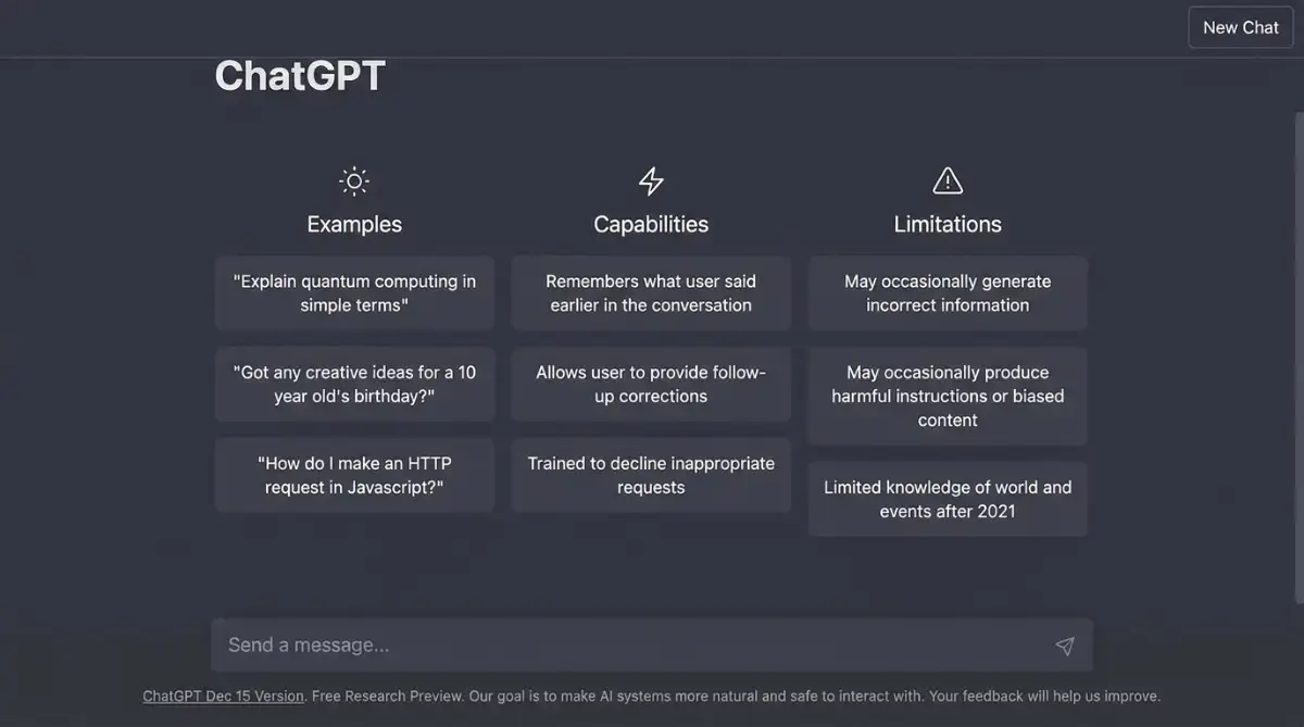The original ChatGPT research preview interface from its November 2022 launch