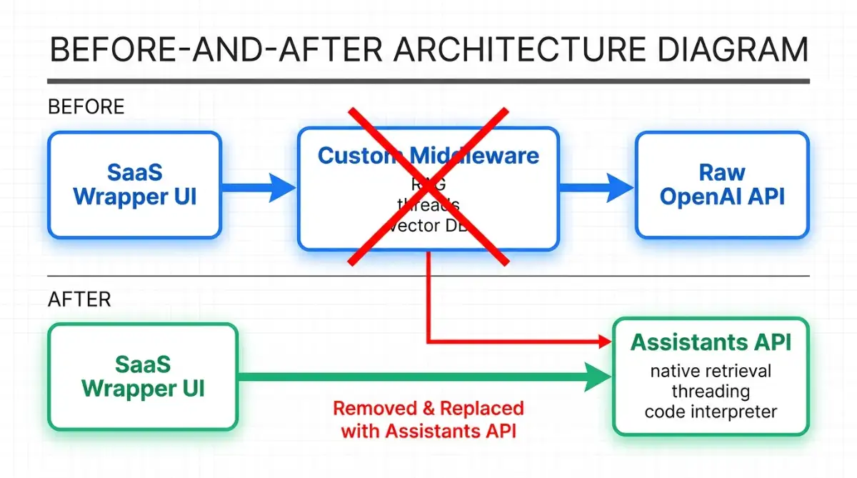 Diagram showing OpenAI Assistants API absorbing wrapper middleware at DevDay 2023