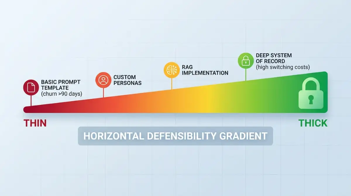 Defensibility spectrum from thin prompt-template wrappers to deep systems of record