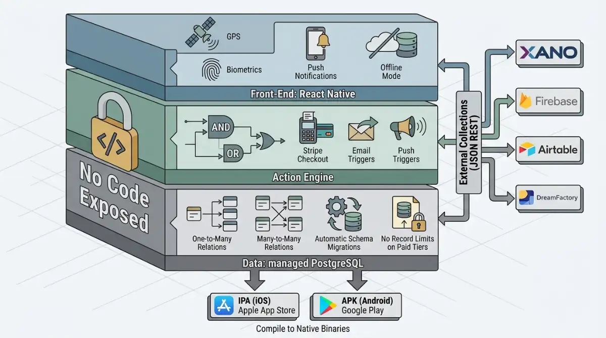 Adalo three-layer architecture diagram compiling to native iOS and Android stores