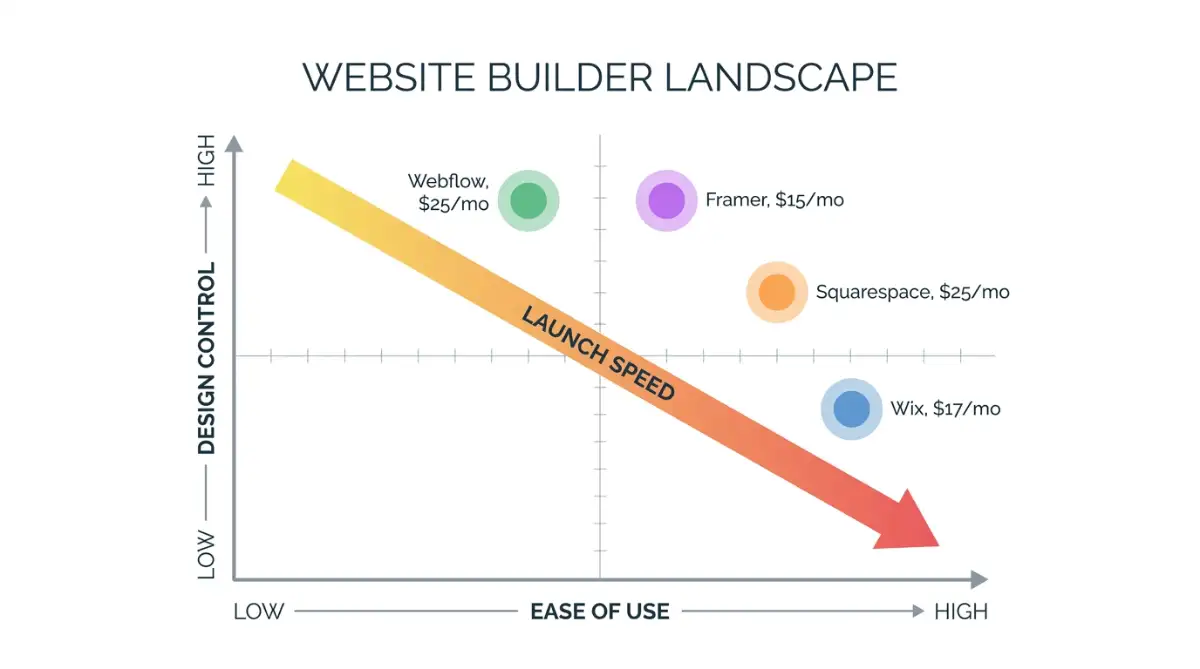 Infographic Four no-code website builders mapped by ease of use versus design control