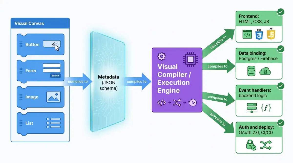 Diagram How a no-code visual compiler turns drag-and-drop layouts into working code