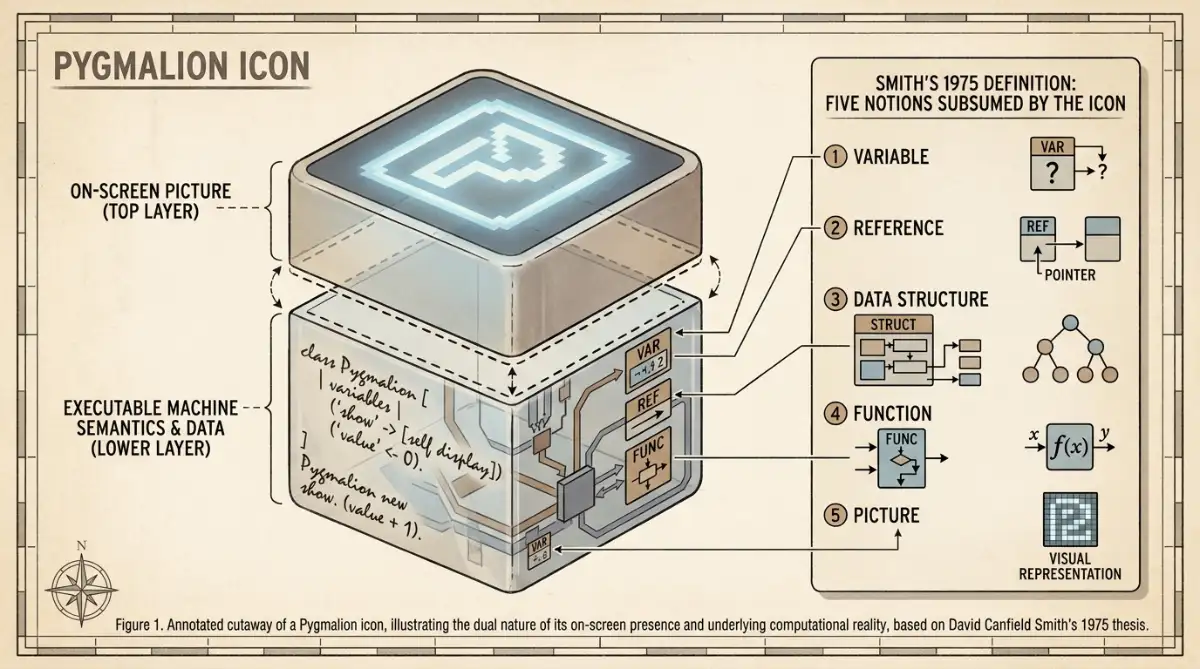 Diagram of a Pygmalion icon's visual layer and executable code layer