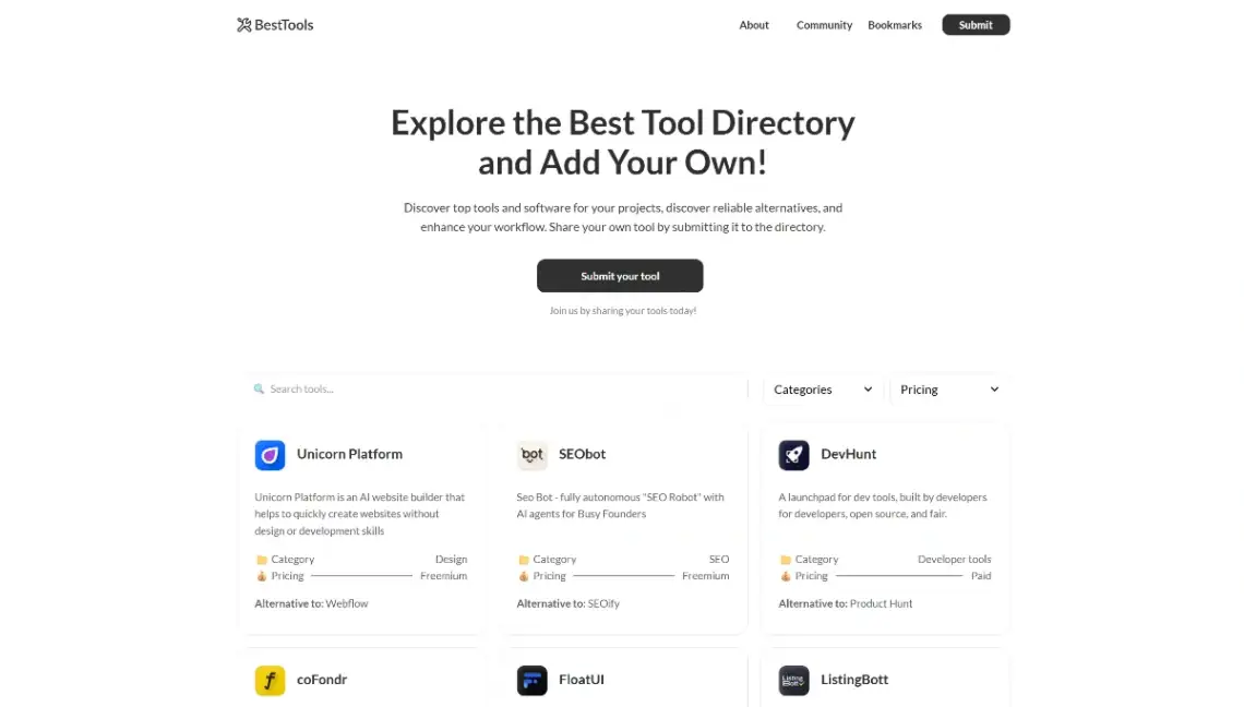Unicorn Platform tool directory template homepage with categorized listings