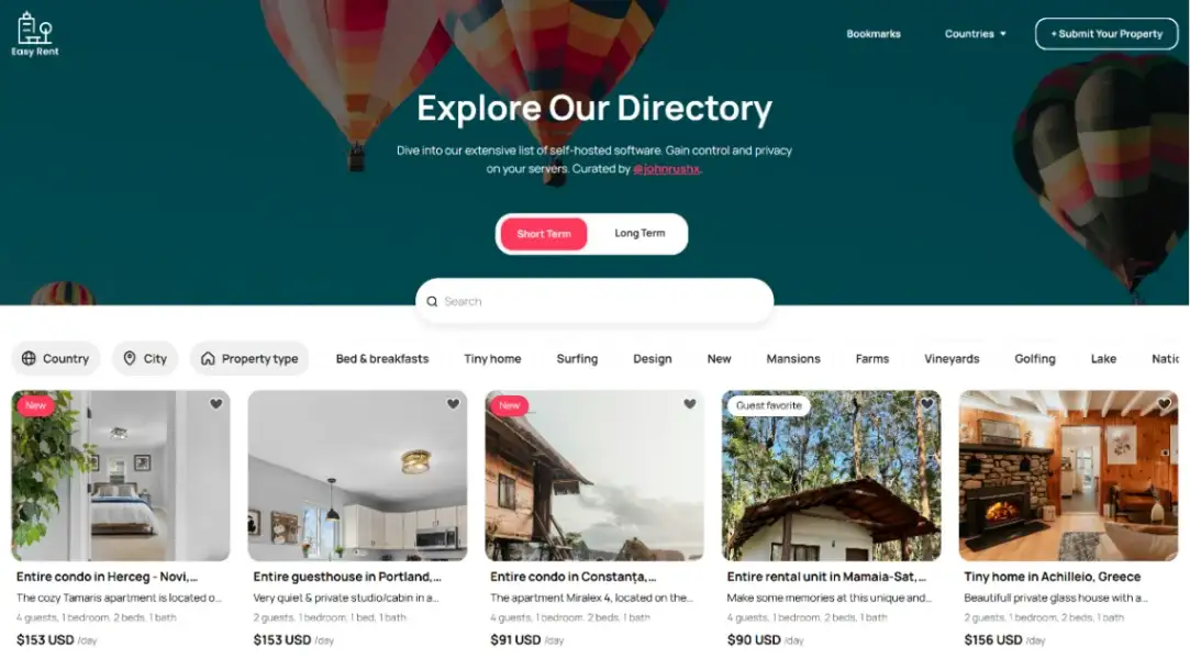 Unicorn Platform rental directory template homepage with property listings