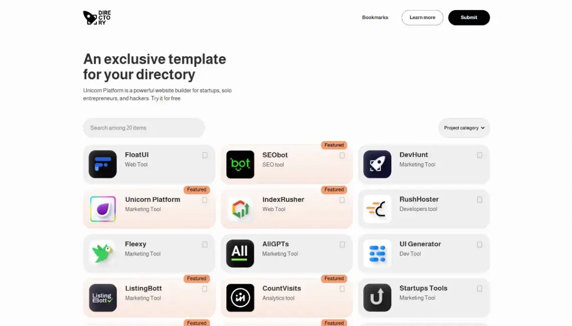 Unicorn Platform compact resource directory template homepage with high-density link layout