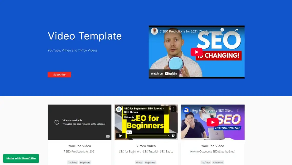 Sheet2Site video directory template homepage with video grid and YouTube Vimeo embeds