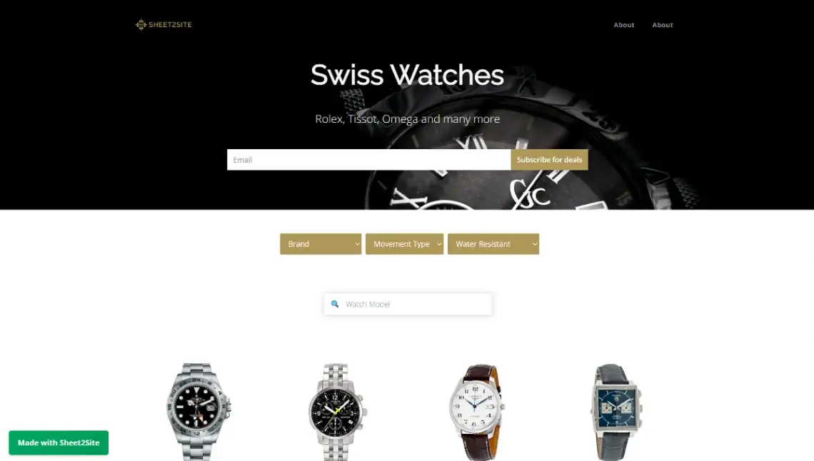 Sheet2Site watch directory template homepage with luxury Swiss watch listings and specs