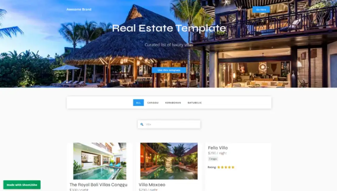 Sheet2Site rental directory template homepage with luxury villa grid and star ratings