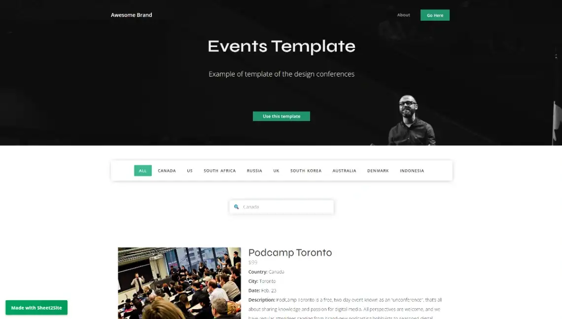 Sheet2Site events directory template homepage with sessions organized by country and date