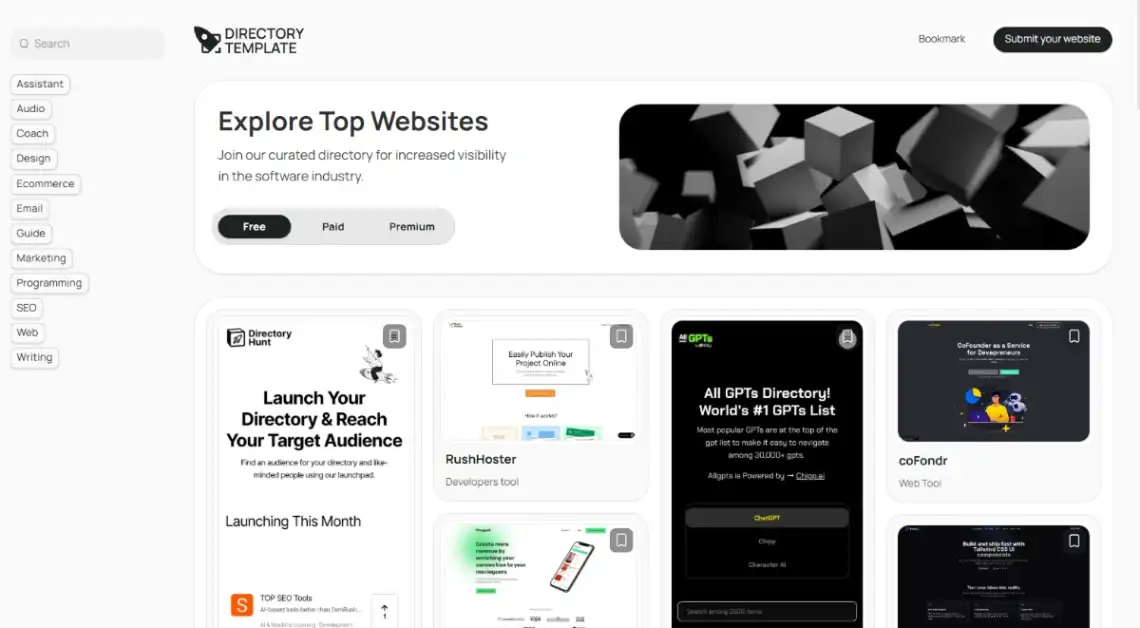 Unicorn Platform multi-filter directory template homepage with advanced filtering
