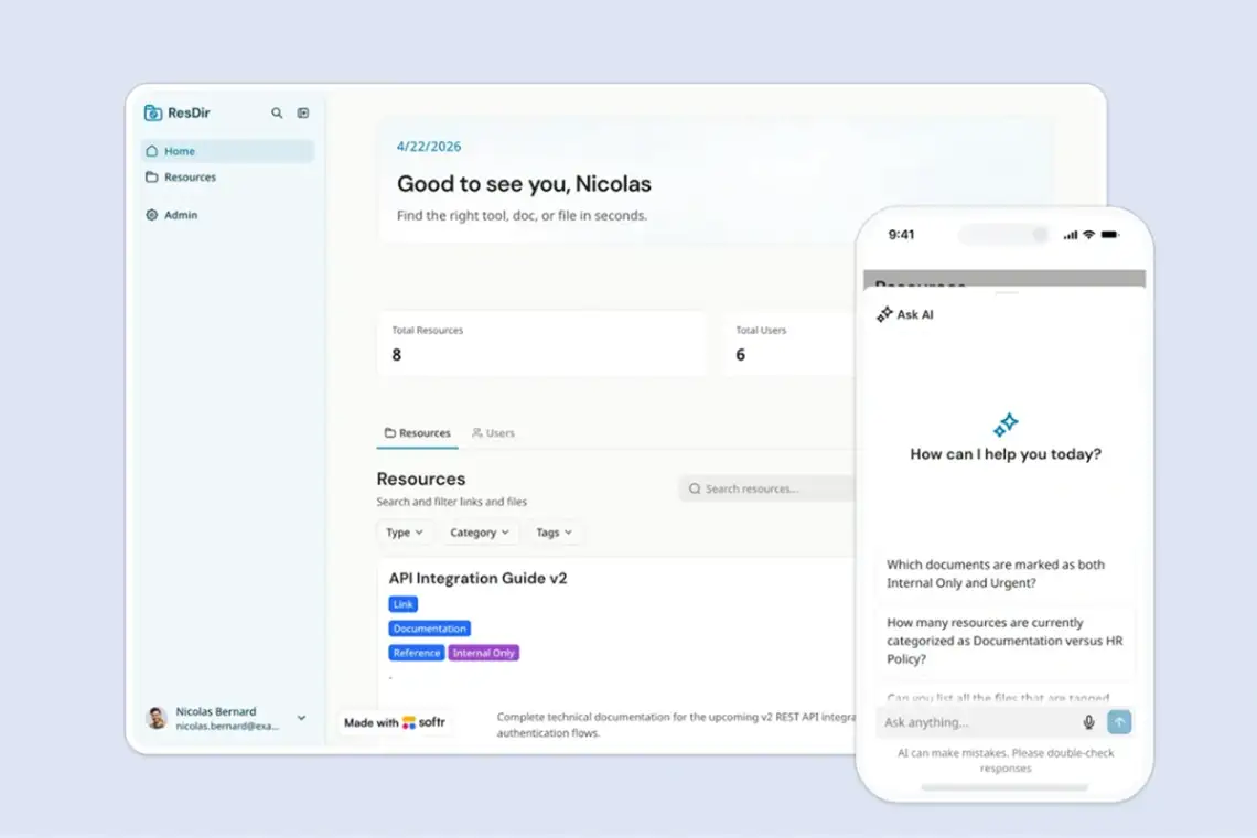 Softr resource directory template homepage with resource grid, tag sorting, and global search