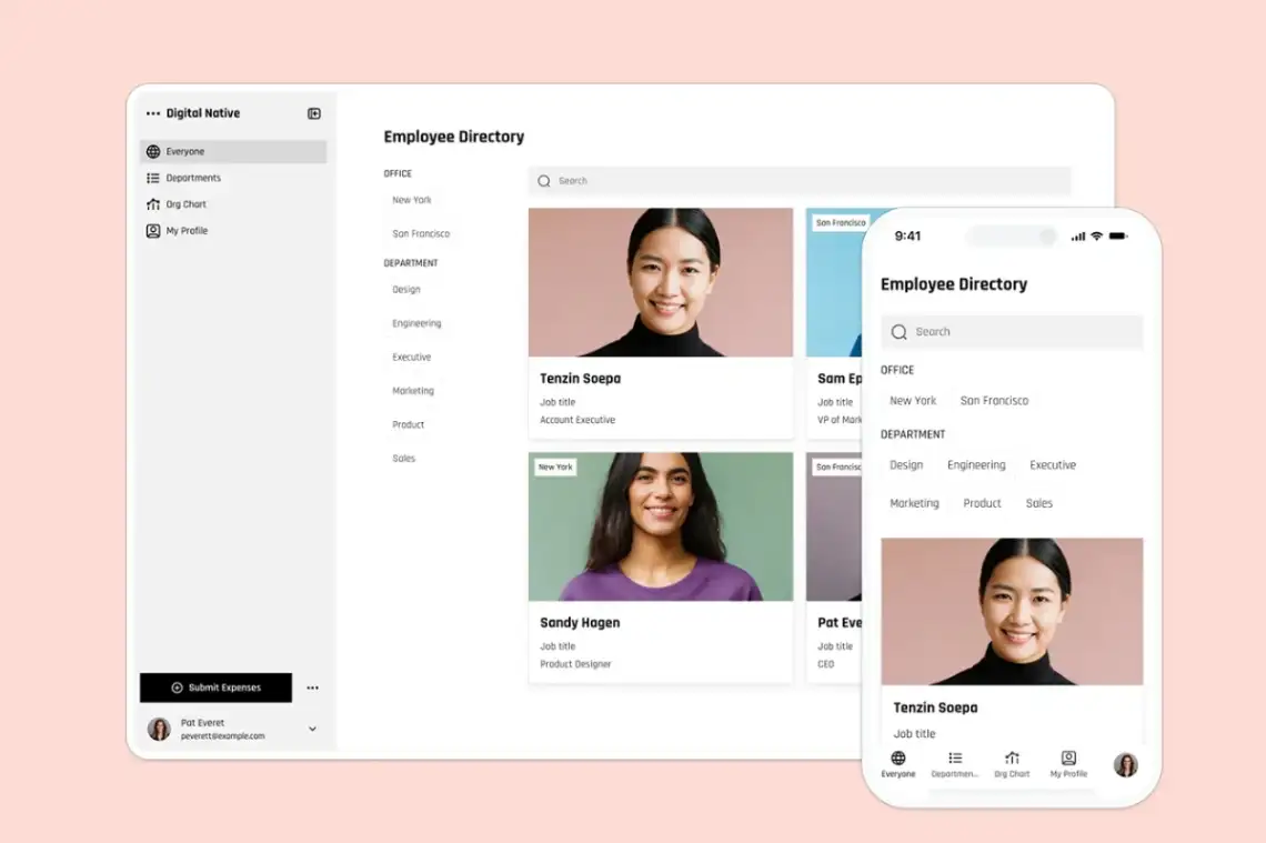 Softr employee directory template homepage with searchable team contacts and profile cards