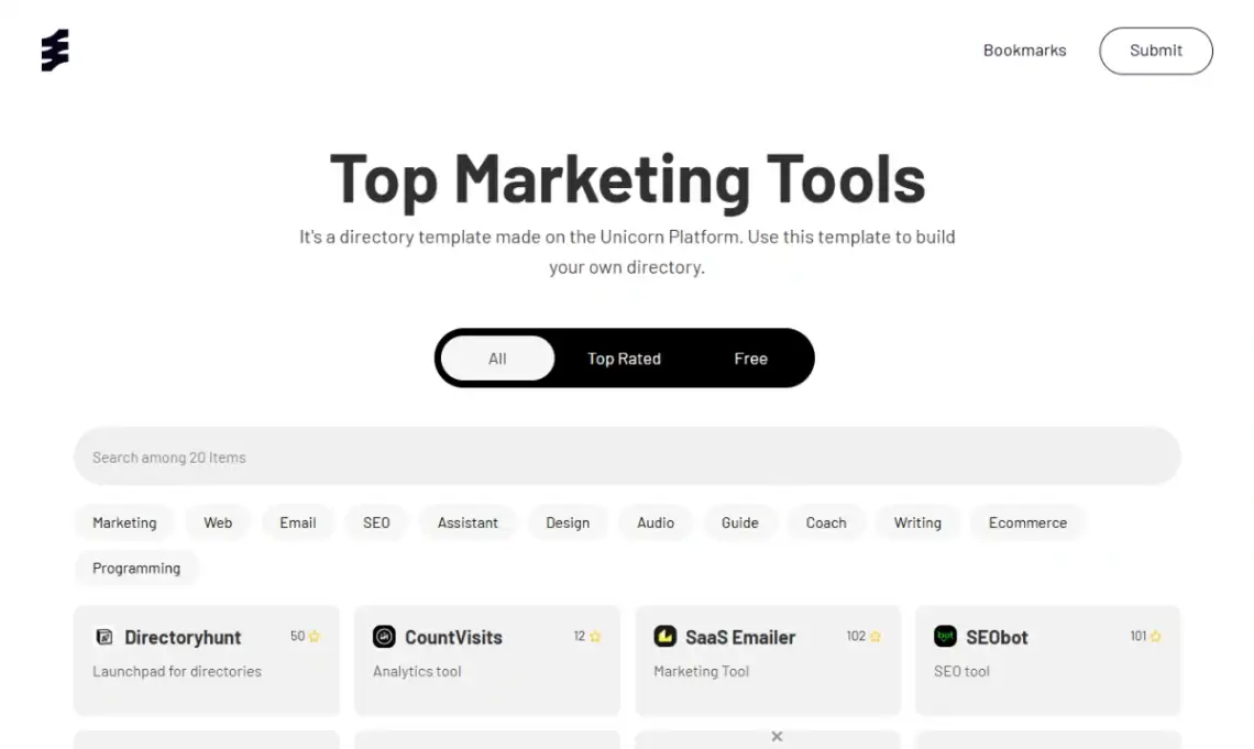 Unicorn Platform minimalist directory template homepage with clean search and tool ratings