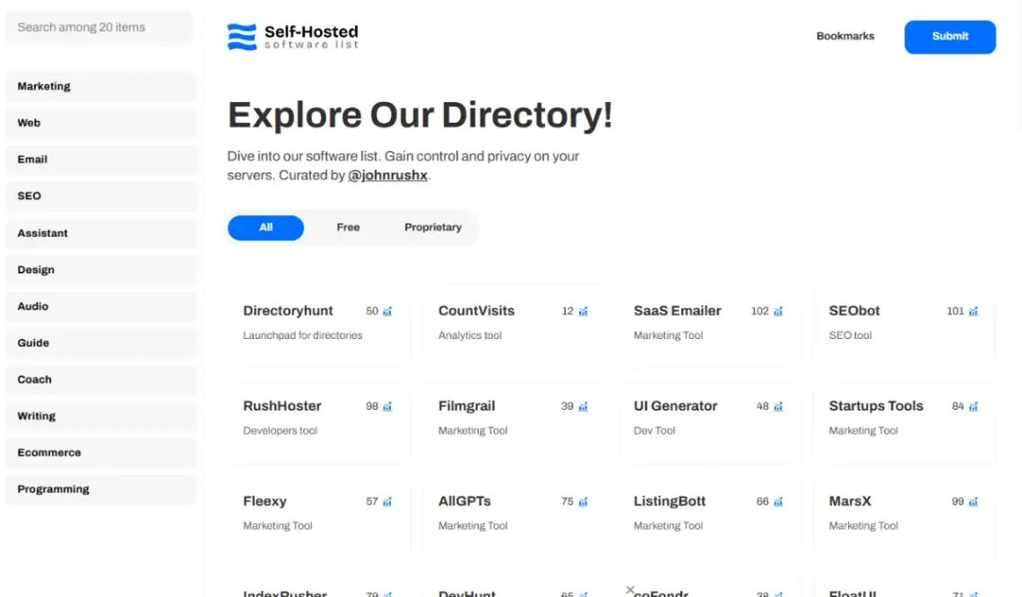 Unicorn Platform software directory template homepage with sidebar navigation