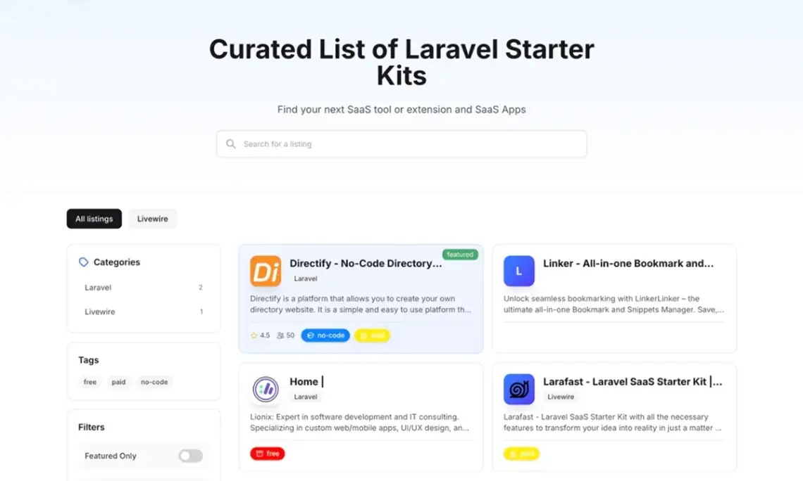 Directify minimalist tech directory template homepage with clean typography