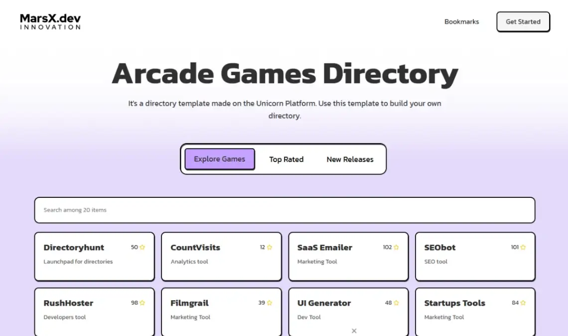Unicorn Platform arcade directory template homepage with neo-brutalist styling