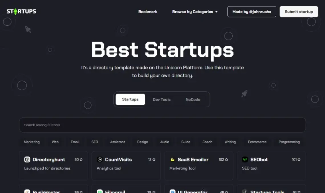 Unicorn Platform startups directory template homepage