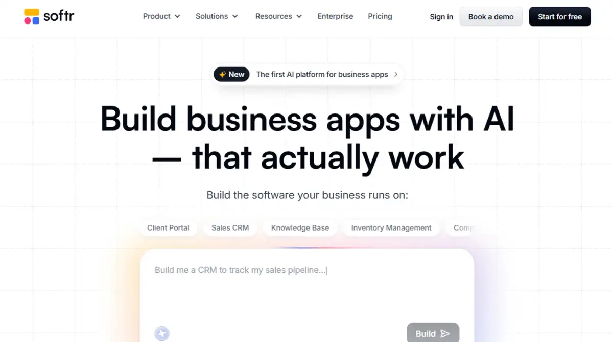 Softr homepage showing a no-code app builder connected to Airtable, Google Sheets, and Notion