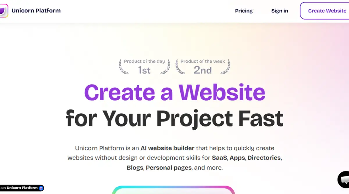 Unicorn Platform homepage showcasing an AI landing page builder